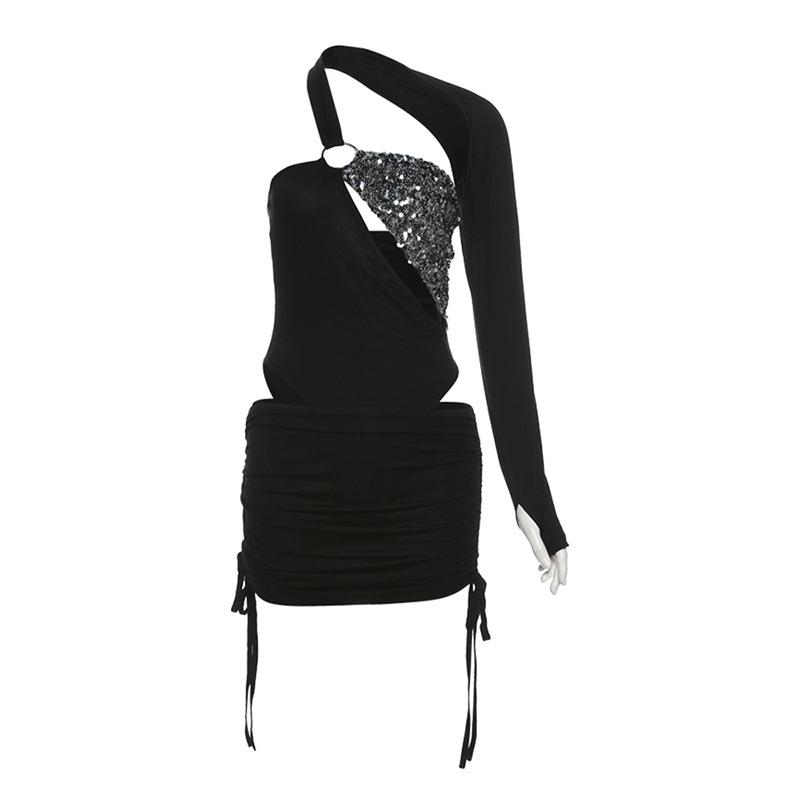 Irregular long sleeve gloves o ring glitter mini skirt set