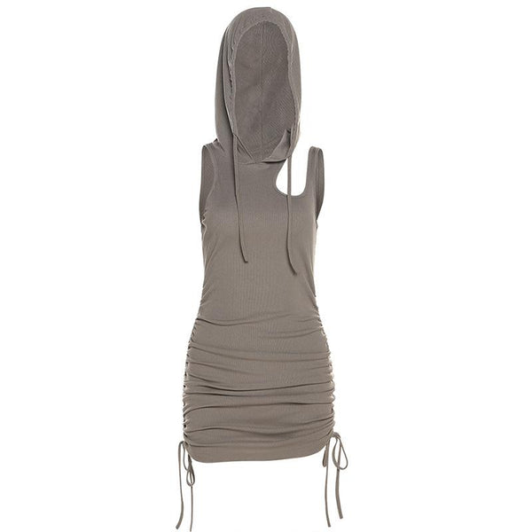 Hoodie ruched drawstring hollow out mini dress