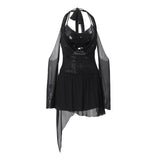 Vestido mini de manga larga con cuello en V, lazo y halter con purpurina 
