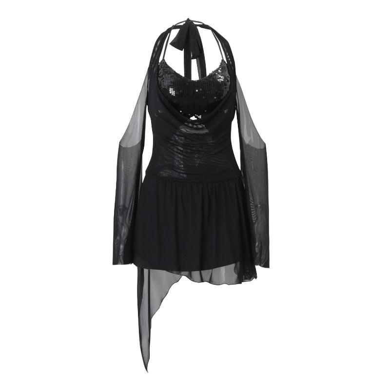 Vestido mini de manga larga con cuello en V, lazo y halter con purpurina 