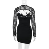Long sleeve lace hollow out ruched self tie mini dress