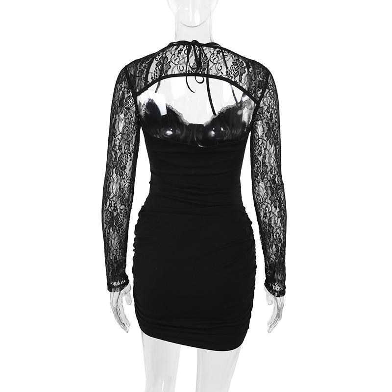Long sleeve lace hollow out ruched self tie mini dress