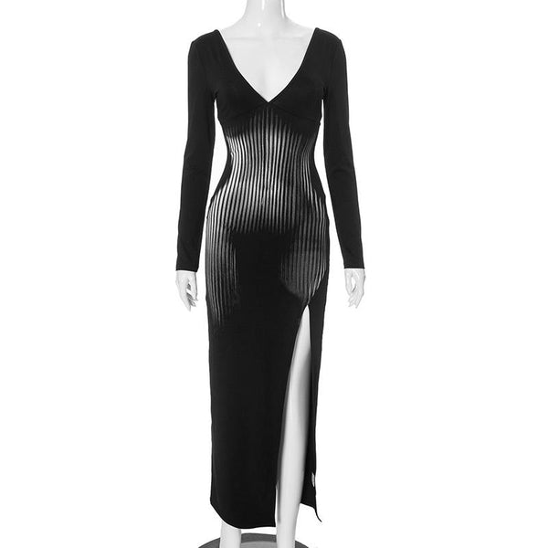 Robe longue fendue à manches longues et col en V profond avec imprimé dos nu 