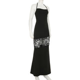 Robe longue fendue en dentelle à col carré et à nouer soi-même 