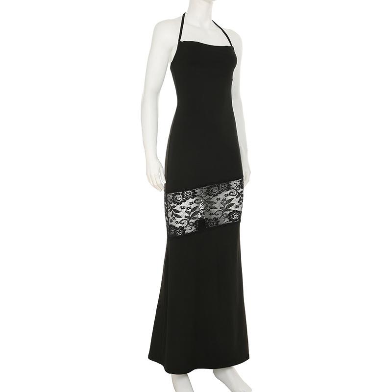Robe longue fendue en dentelle à col carré et à nouer soi-même 