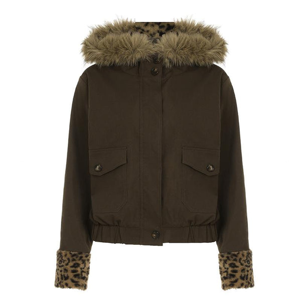 Sudadera con capucha mullida de manga larga con estampado de leopardo y bolsillo con cremallera 