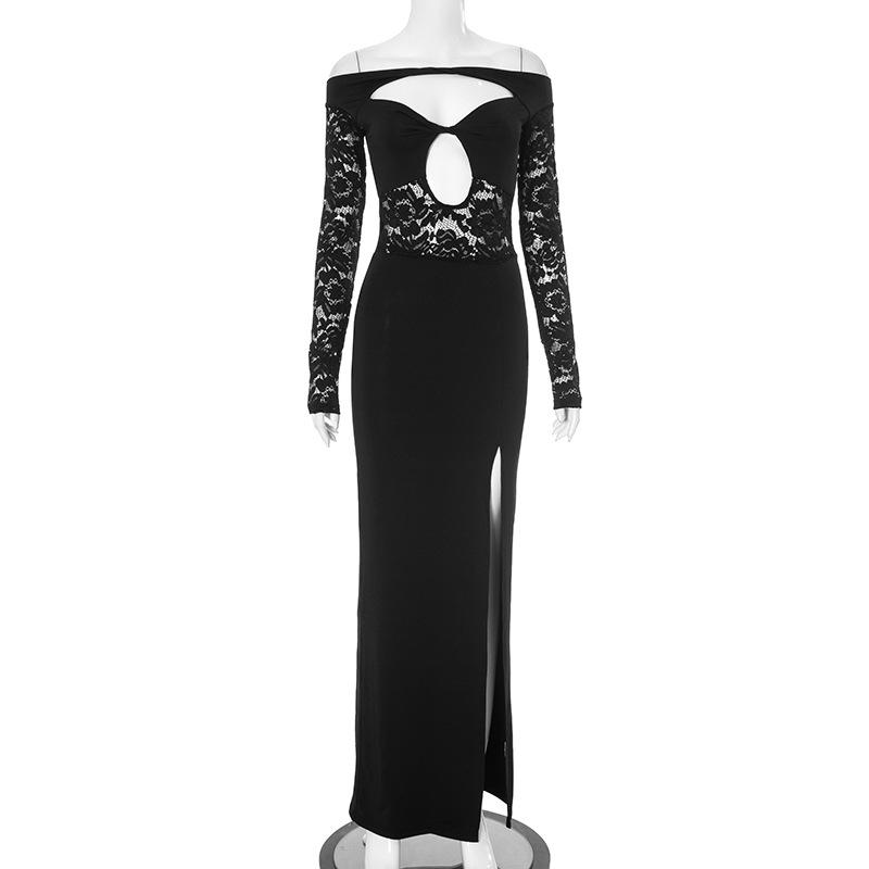 Robe longue en dentelle à manches longues et fentes ajourées sur les épaules 