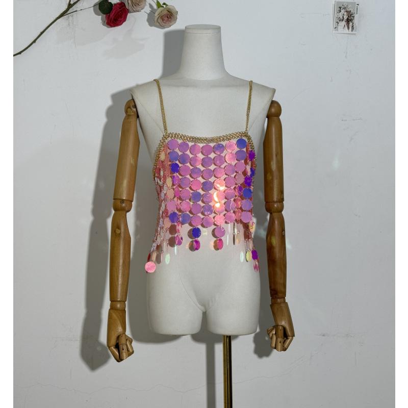 Glitter metal chain hollow out square neck cami top