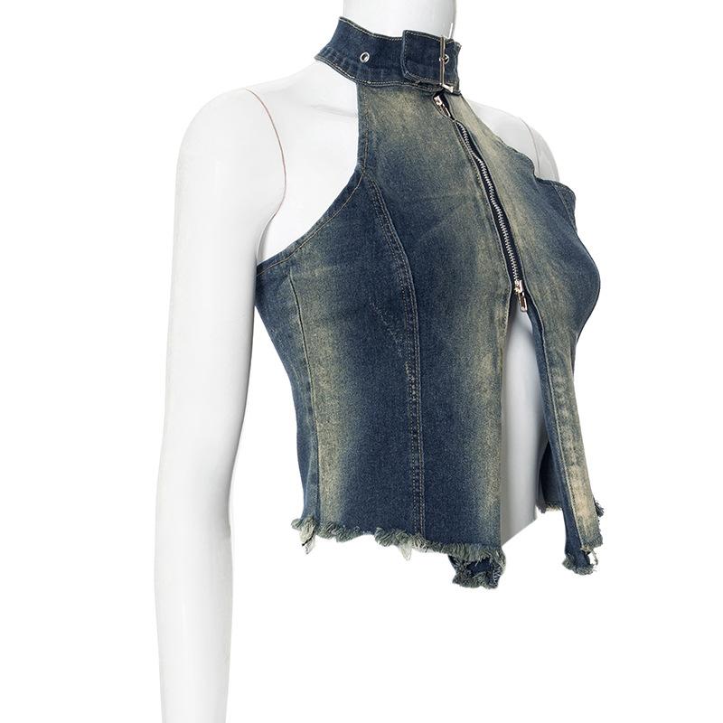 Halter zip-up slit denim buckle raw hem top