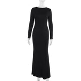Long sleeve hollow out buckle crewneck maxi dress
