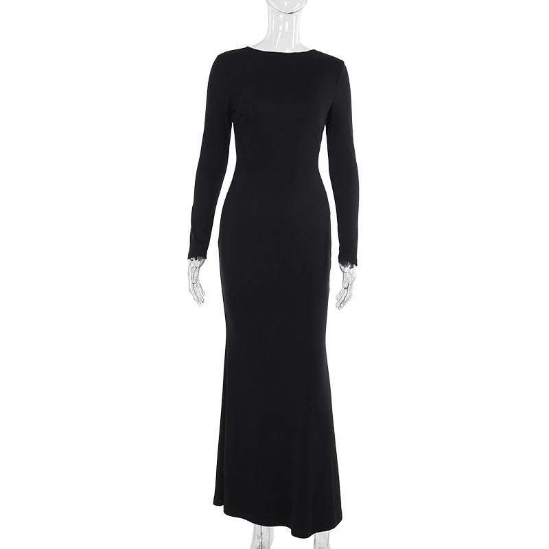 Long sleeve hollow out buckle crewneck maxi dress