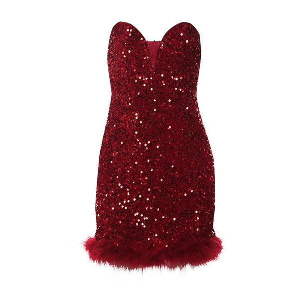 Vestido mini de tubo con escote en forma de corazón y plumas brillantes 