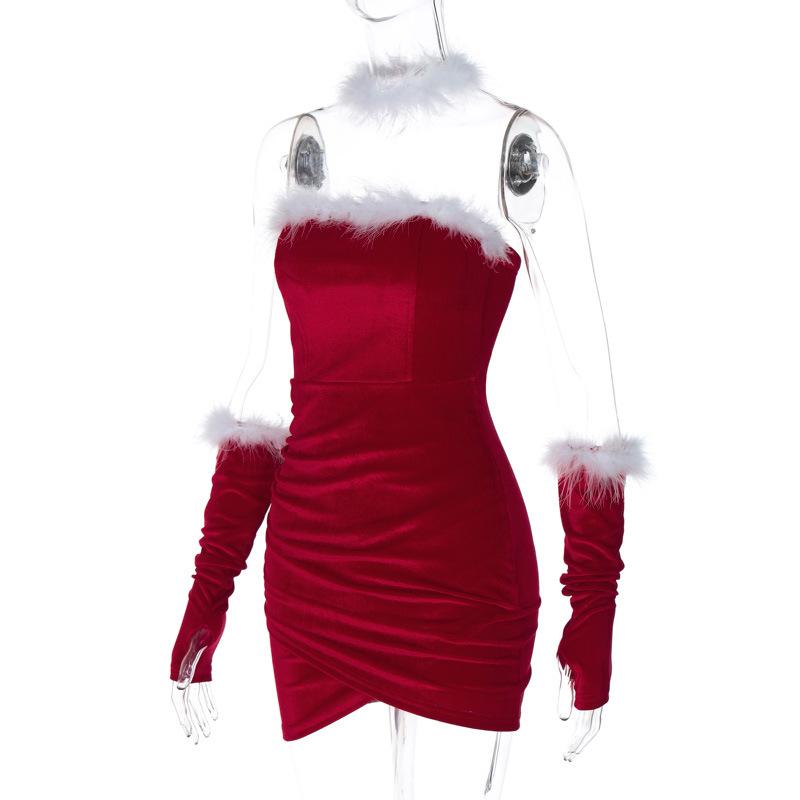 Vestido mini de tubo con espalda descubierta y guantes de plumas fruncidas 