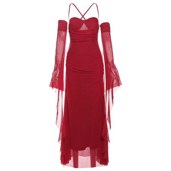 Robe longue en maille à fronces et dos croisé 