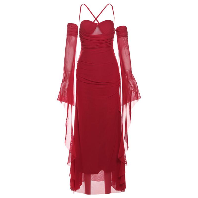 Robe longue en maille à fronces et dos croisé 