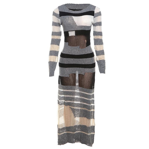 Robe longue à col ras du cou et manches longues en tricot à rayures 