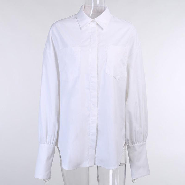 Long sleeve button turnover collar pocket solid top