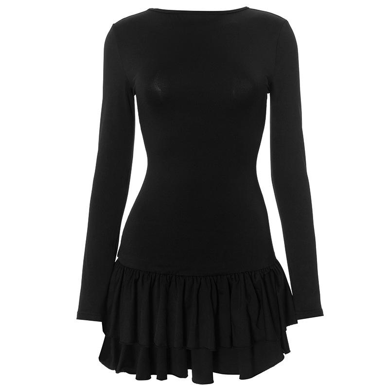 Vestido mini liso con cuello redondo y manga larga fruncida 