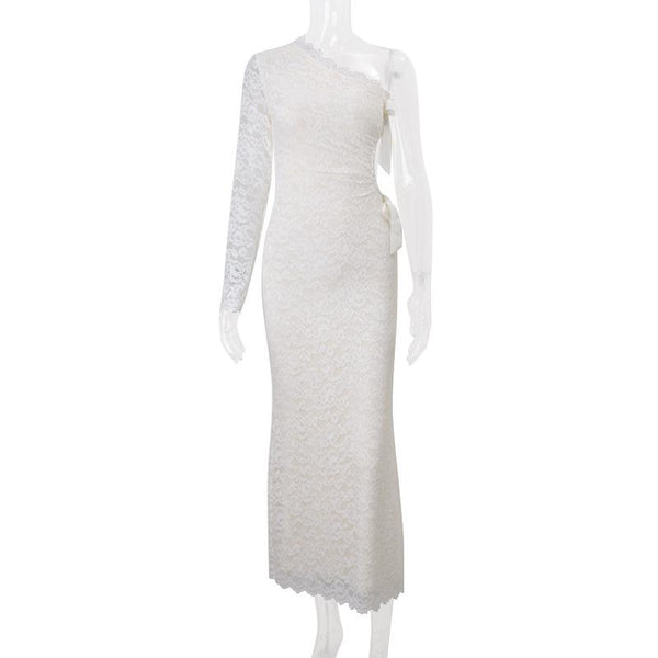 Hollow out long sleeve lace hem bowknot maxi dress