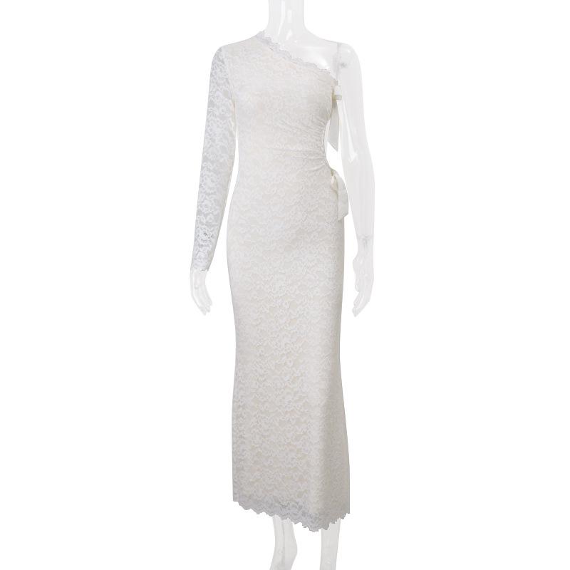 Hollow out long sleeve lace hem bowknot maxi dress