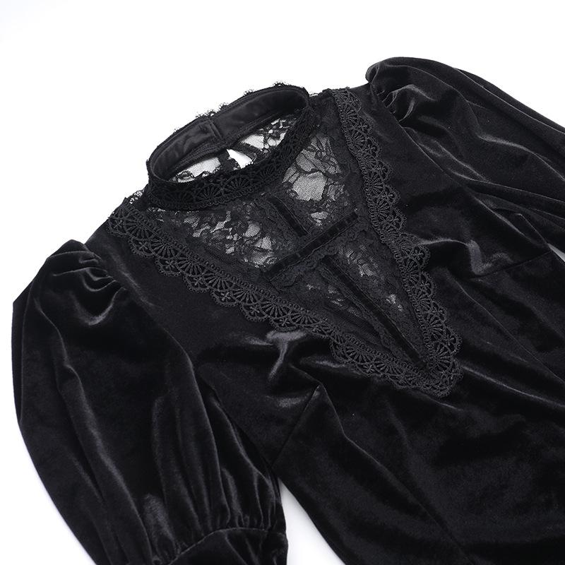 Robe midi en velours et dentelle à col ras du cou et manches longues évasées 