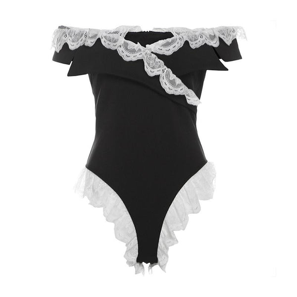Body zippé à col en V et ourlet en dentelle à épaules dénudées 