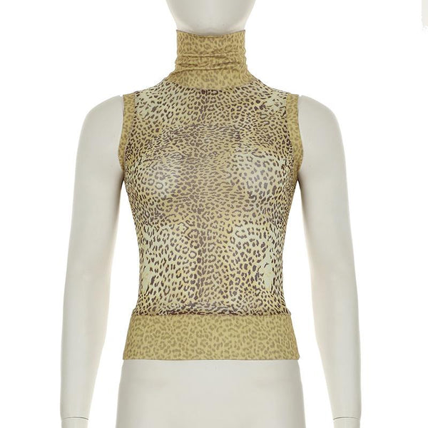 High neck leopard print mesh sleeveless top