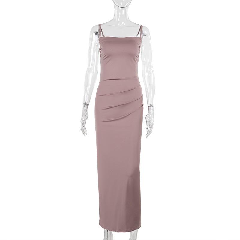 Robe longue à bretelles froncées et col carré uni 