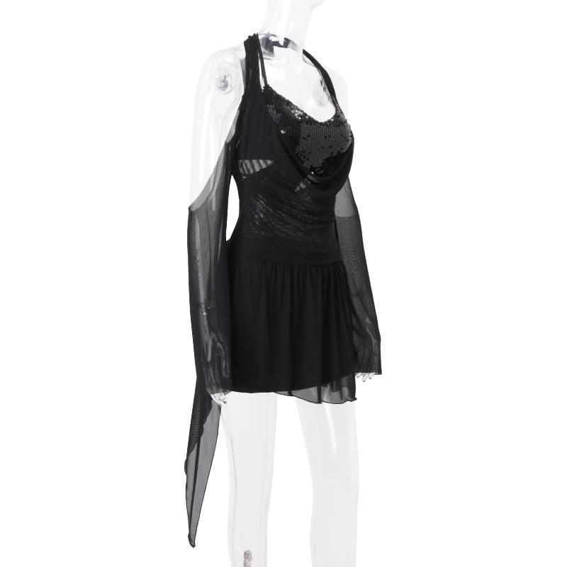 Vestido mini de manga larga con cuello en V, lazo y halter con purpurina 