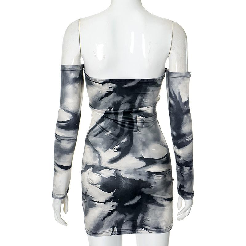 Off shoulder tie dye print long sleeve mini dress