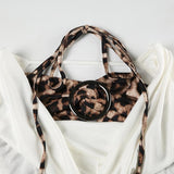 Long sleeve halter self tie leopard print cowl neck top