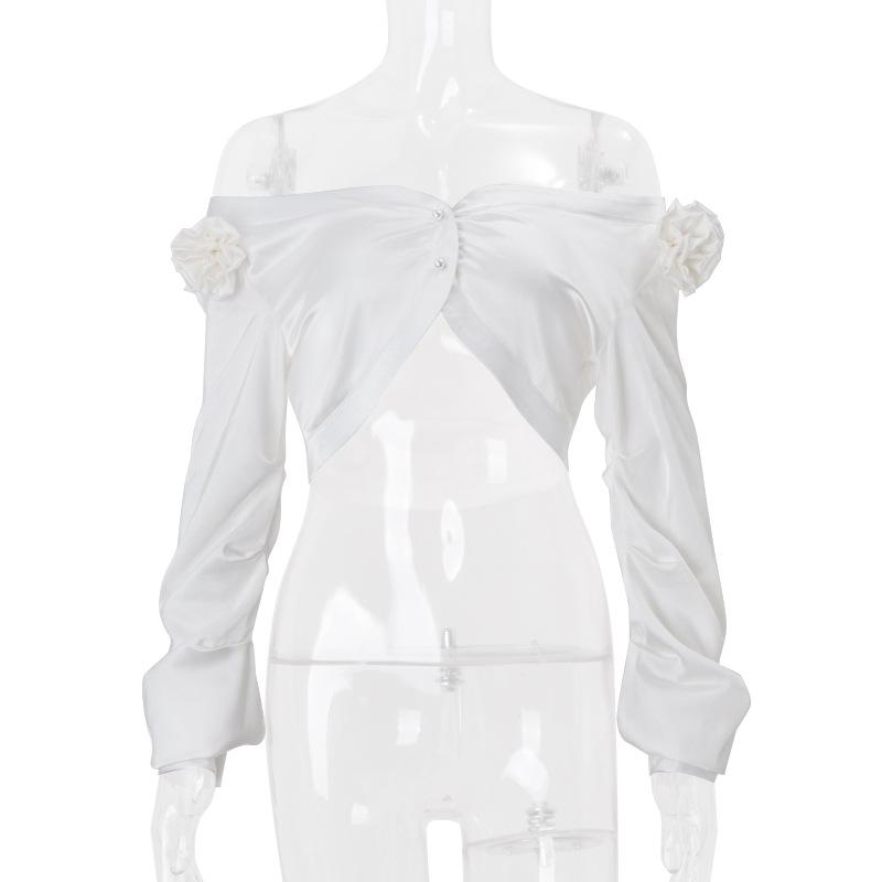 Long sleeve off shoulder flower applique button top