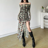 Robe midi à volants et manches longues, épaules dénudées, imprimé floral 