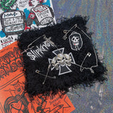 Raw hem skull embroidery metal chain cap