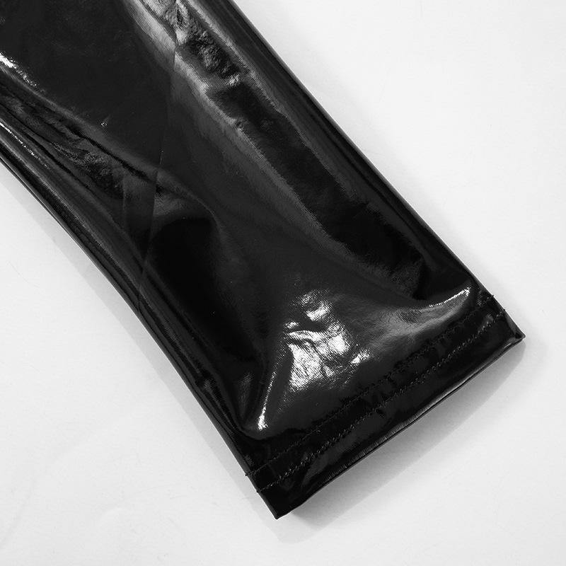 Ensemble pantalon à manches longues en cuir PU avec col retourné et fermeture éclair 