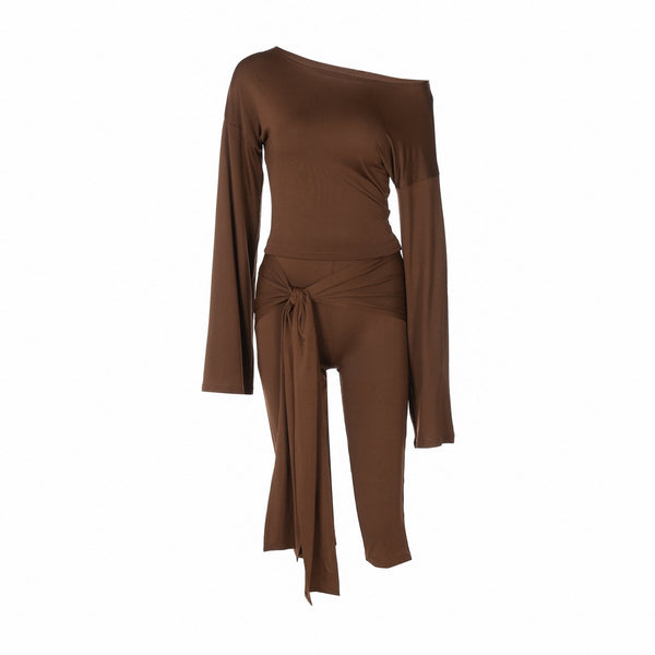 Ensemble pantalon uni à manches longues et taille moyenne irrégulier 