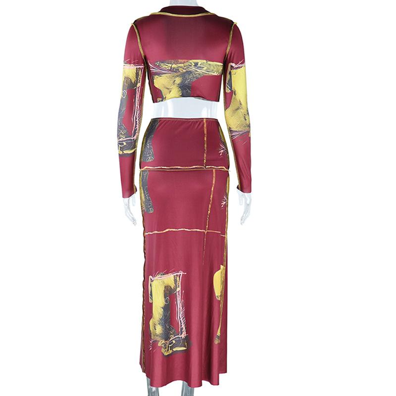 Conjunto de falda maxi con estampado de puntadas de botones y cuello en V y manga larga 