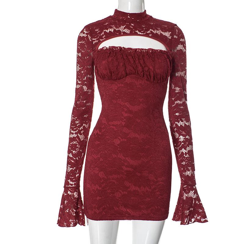 Long flared sleeve hollow out ruched lace mini dress