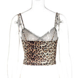 Haut camisole dos nu à imprimé léopard avec ourlet en dentelle et col en V 