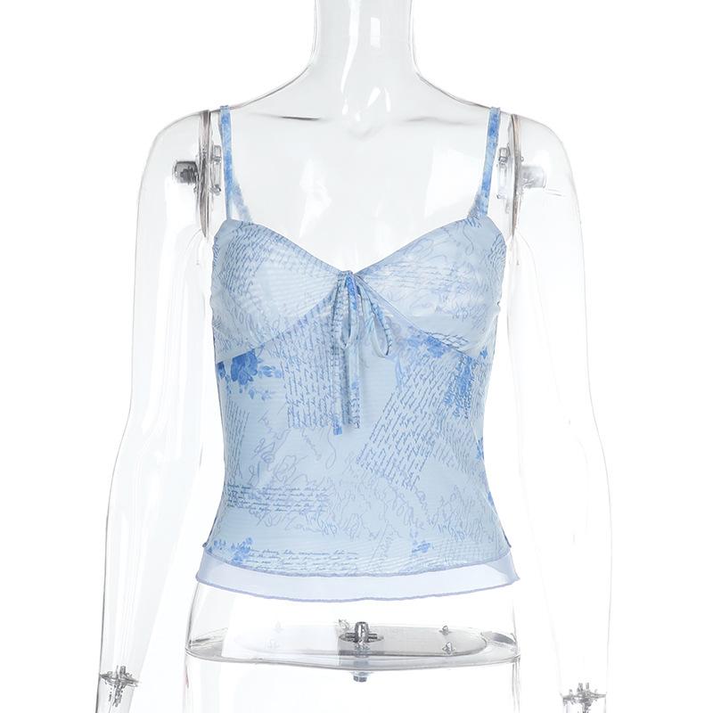 Mesh v neck print backless cami top