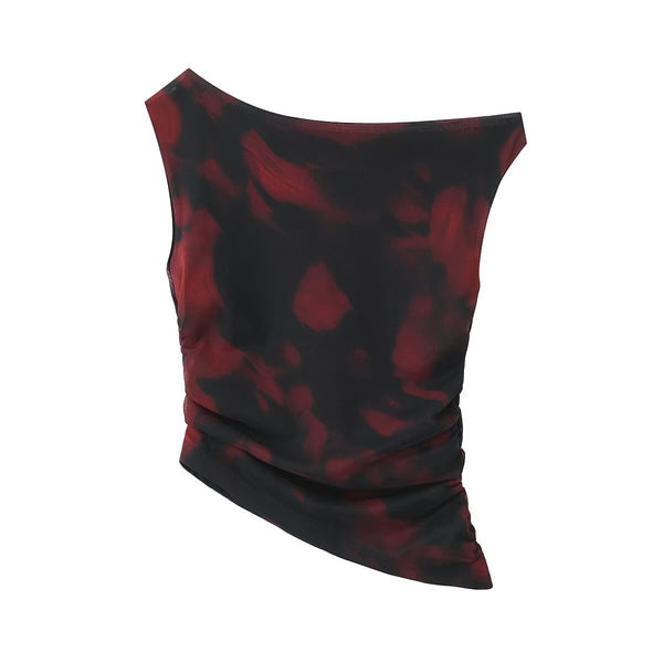 Irregular print ruched one shoulder contrast top