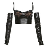 Gants à ourlet en dentelle, haut camisole en cuir PU à col en V 