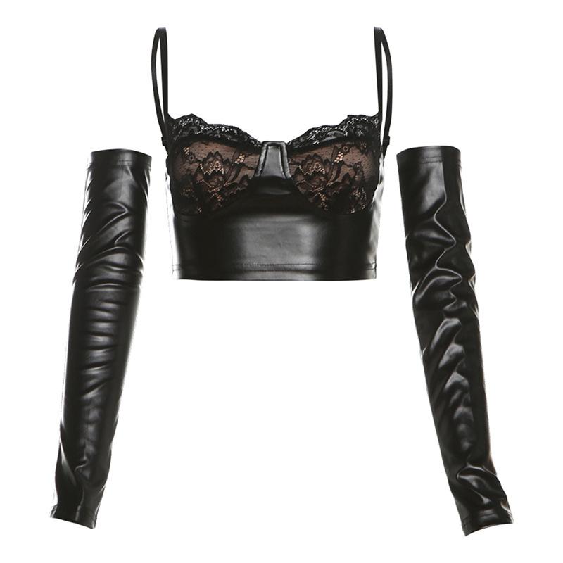 Gants à ourlet en dentelle, haut camisole en cuir PU à col en V 