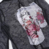 Long sleeve high neck lace up sheer mesh print top