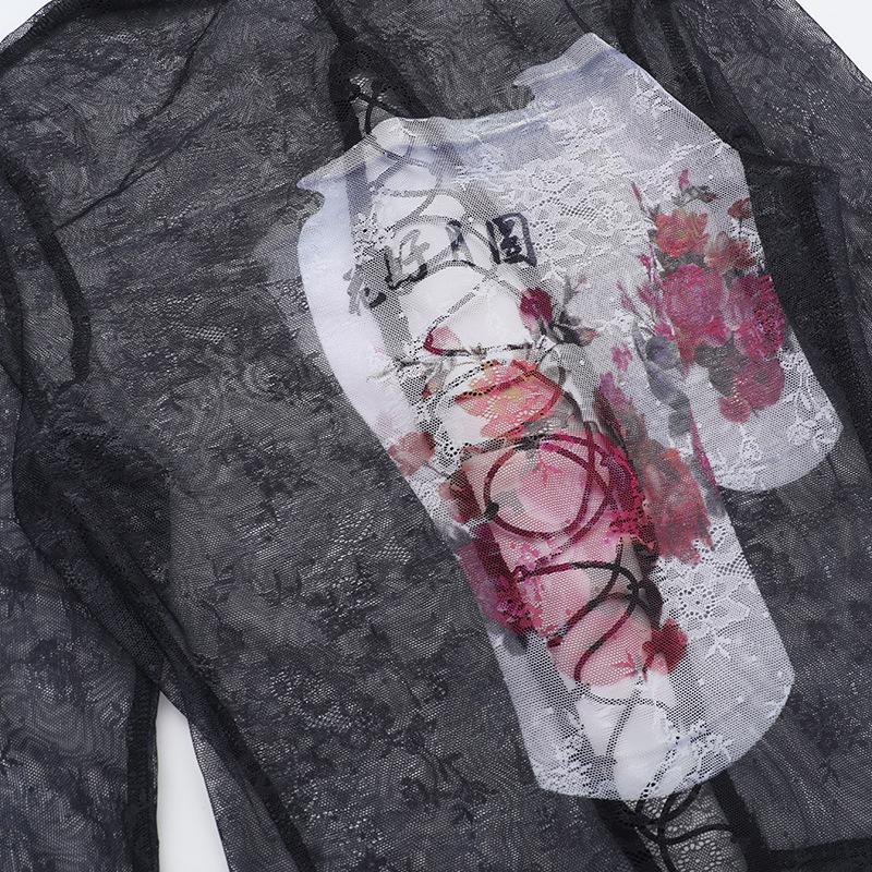 Long sleeve high neck lace up sheer mesh print top