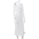 Off shoulder ruffle ribbed solid tube midi dress