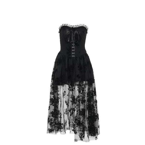 Robe midi à volants, smockée, boutonnée, ruban, imprimé fleuri 