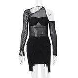 Long sleeve irregular hollow out mesh mini dress