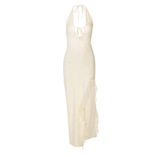 Robe longue unie à volants et col en V avec fente et lien à nouer 
