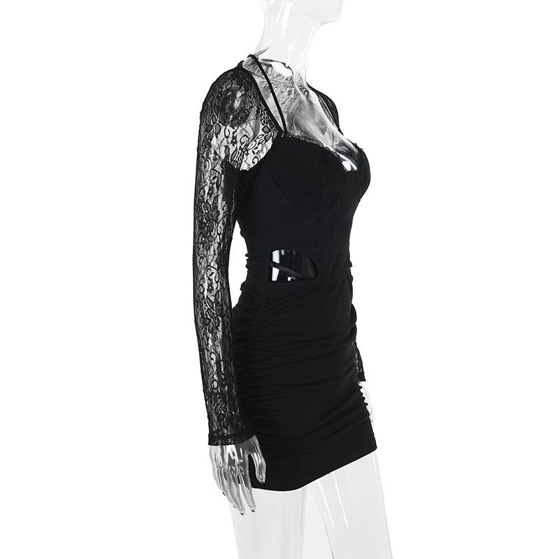 Long sleeve lace hollow out ruched self tie mini dress